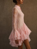 Womens Sexy Sheer Lace Ruffle Flared Sleeve Mini Dress