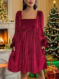 Women's Square Collar Long Sleeve Velvet Dress for Christmas
