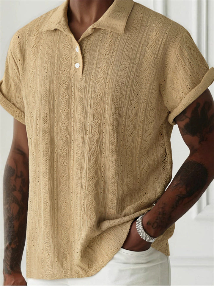 Men's Summer Hollow Argyle and Vertical Stripe Short Sleeve Polo Shirt‌s