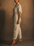 Women Utility Zip Front Cotton Blend Jogger Cargo Jumpsuit