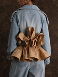 Women Pleated Ruffle Peplum Denim Jean Jacket Belted Coat