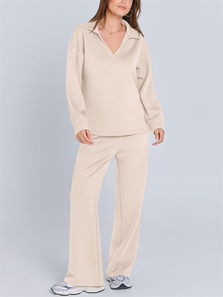 Women's Autumn Casual V Neck Lapel Long Sleeve Solid Color Outfit