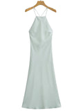 Women's Summer Solid Color Satin Halter Strap Cocktail Dress
