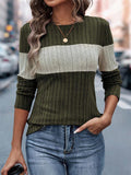 Women's Contrast Color Pit Stripe Round Neck Long Sleeve Shirt