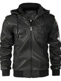 Winter Faux Leather Rhombic Pattern Zip Up Motorcycle Bomber Jacket with Hood