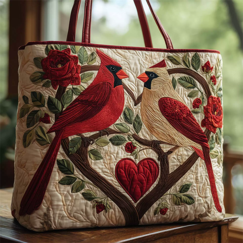 Cute Cardinal Bird Floral Quilted Tote Handbag