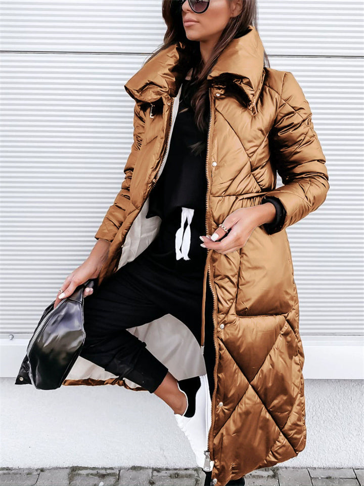 Women's Solid Color Lapel Long-sleeved Zipper Quilted Padded Coats