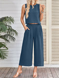 Women's 2pcs Casual Solid Color Sleeveless Top & Wide Leg Pants Set