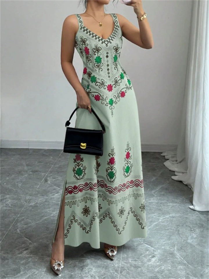 Women's Elegant Boho FloraL Print Tie Back Slit Summer Dress