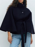 Ladies' Elegant Solid Color Stand Collar Tie-waist Cloak Trench Coats