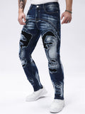 Men's Slim Fit Distressed Ripped Jeans with Patches for Casual Daily Wear