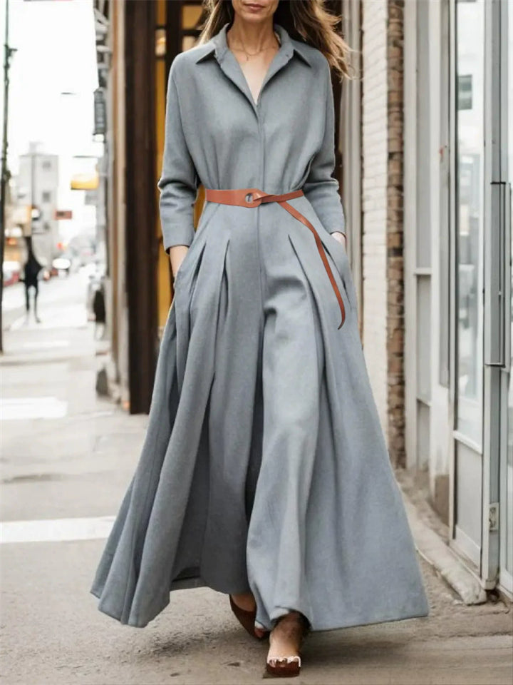 Ladies' Autumn Elegant Gray Tie-Waist Lapel Pleated Long Sleeve Jumpsuits