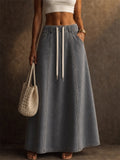 Women High Waist Drawstring A Line Denim Maxi Skirt