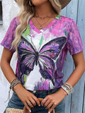 Women's Summer V-neck Butterfly Printed Contrast Color Short-sleeved T-shirts