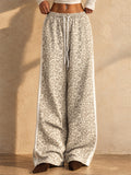 Women Leopard Print Wide Leg Pants Drawstring Side Stripe Trousers