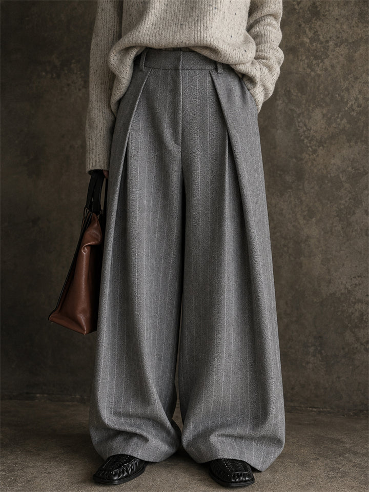 Women High Waist Pinstripe Wide Leg Pleated Office Pants