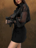 Women Black Sheer Lantern Sleeve Button Down Blouse Shirt