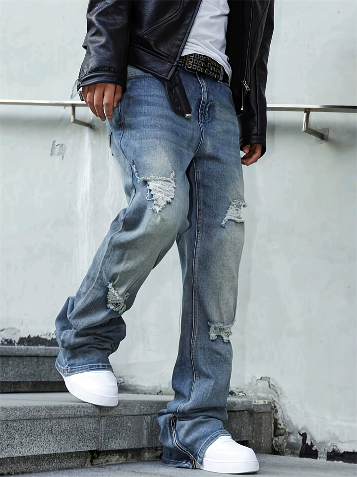 Mens Streetwear Ripped Distressed Zipper Split Hem Jeans