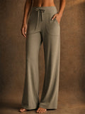 Womens Comfy High Waisted Drawstring Pockets Wide Leg Pants