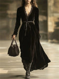 ‌Women's French Style V Neck Black Velvet Lace Trim Dress