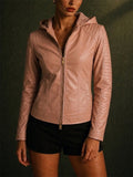 Women's Cool Hooded PU Leather Jacket with Warm Lining