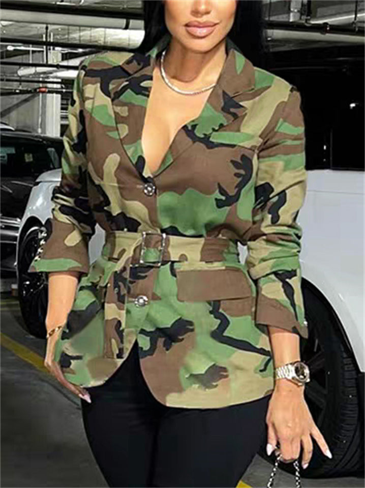 Women's Camouflage Print Tie-Waist Long Sleeve Coat