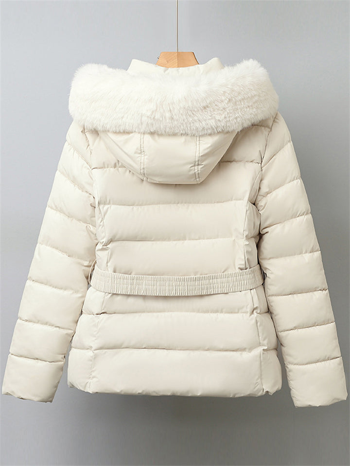 Women's Winter Solid Color Belted Fleeced Coat with Faux Fur Collar