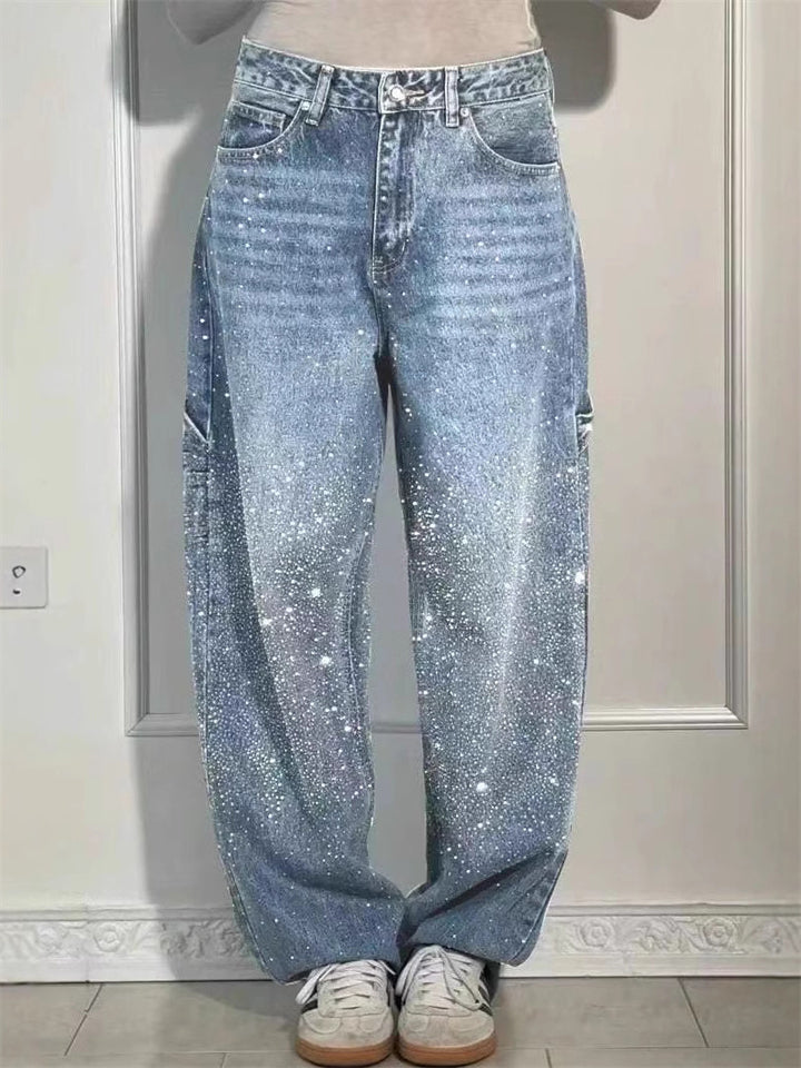 Women's Stylish Straight Wide Leg Bling Bling Denim Pants