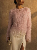 Womens Stylish Pink Shaggy Faux Sequin Fuzzy Knit Party Sweater