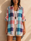 Women Buffalo Plaid Shirt Roll Tab Sleeve Long Tunic Blouse