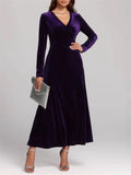 ‌Women's Elegant V-Neck Long Sleeve Velvet Maxi Dress‌