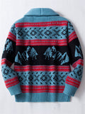 Male's Retro Autumn  Blue Jacquard Lapel Button Up Cardigan Sweaters