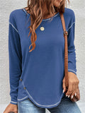 Women's Contrast Trim Round Neck Long Sleeve Asymmetric Hem Shirts