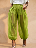 Women High Waist Sheer Mesh Lantern Pants Pleated with Shorts