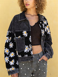 Women's Distressed Chrysanthemum Pattern Patchwork Corduroy Jackets