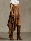 Women's Brown Suede Asymmetrical Ruffle Skirt