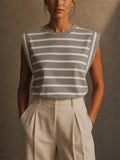 Women Summer Nautical Style Striped Shoulder Pad Muscle Tank Top