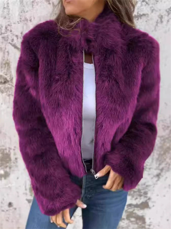 Winter Casual Zip Up Faux Fur Waist Length Coat for Women