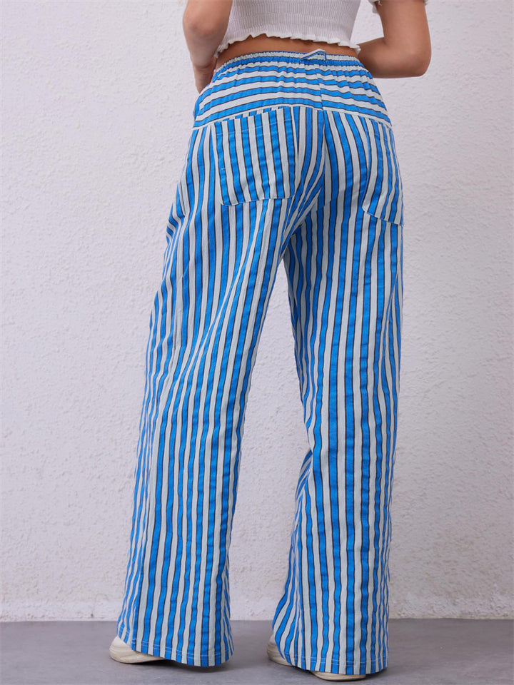 Women's Summer Contrast Color Striped Mid-Rise Drawstring Wide Leg Pants