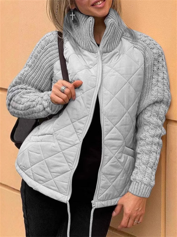 Women's Solid Color Rhombic Texture Patchwork High Neck Cardigan Coats