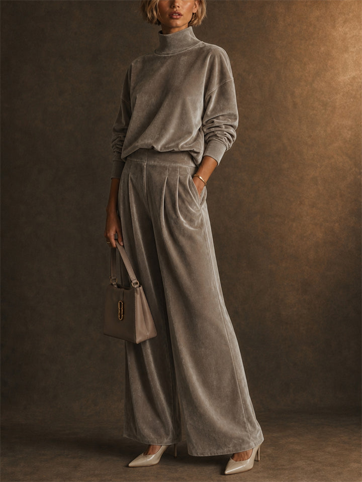 Women Velvet 2 Piece Set Mock Neck Pullover Top and Wide Leg Pants