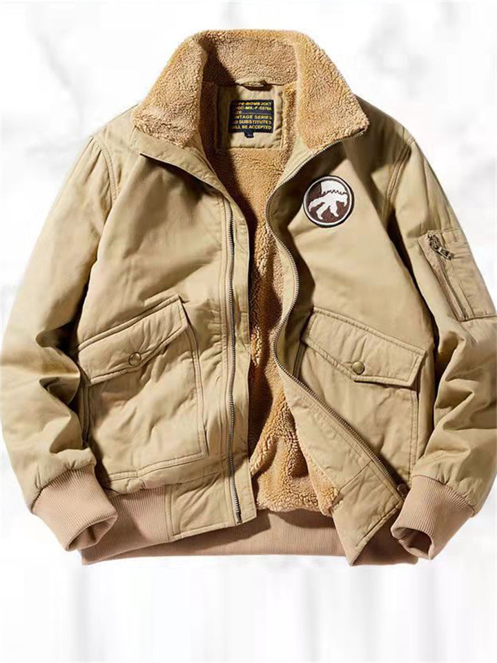 ‌ Men's Winter Warm Fleece Lined Vintage Bomber Jacket‌ with Patches