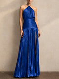 Women Metallic Pleated Halter Backless Slit Maxi Dress