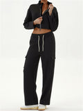 Women's Casual Sporty Cargo Jogger Set Cropped Zip Up Sweatsuit