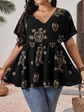 Plus Size Women's Summer Print V Neck Big Hem Short Sleeve Shirt