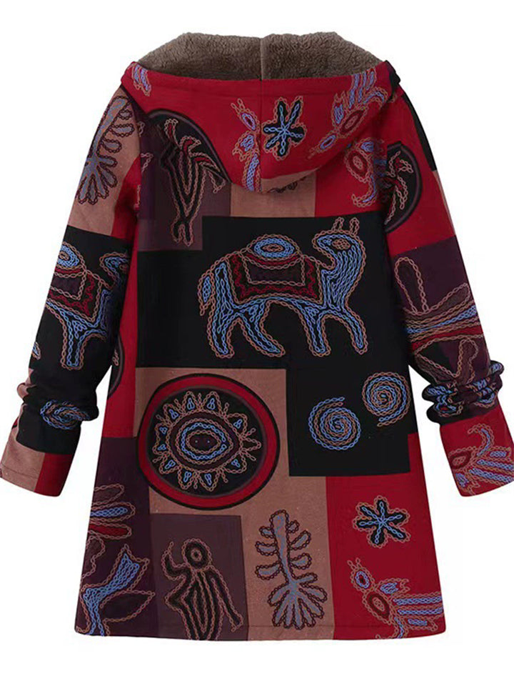 Women's Vintage Cartoon Printed Contrast Color Fleeced Lining Hooded Coats