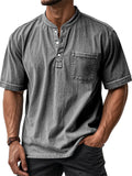 Men's Distressed Solid Color Quarter Button Pocket Round Neck Shirts