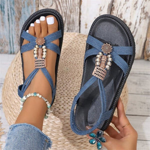 Ladies Trendy Ethnic Style Metal Beads Trim Sandals