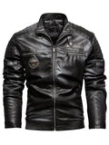 Men's Fleece Lined Faux Leather Motorcycle Jacket with Patches and Pockets