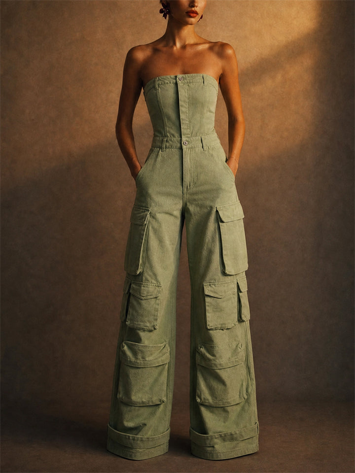Women Green Denim Tube Top Wide Leg Cargo Jumpsuit